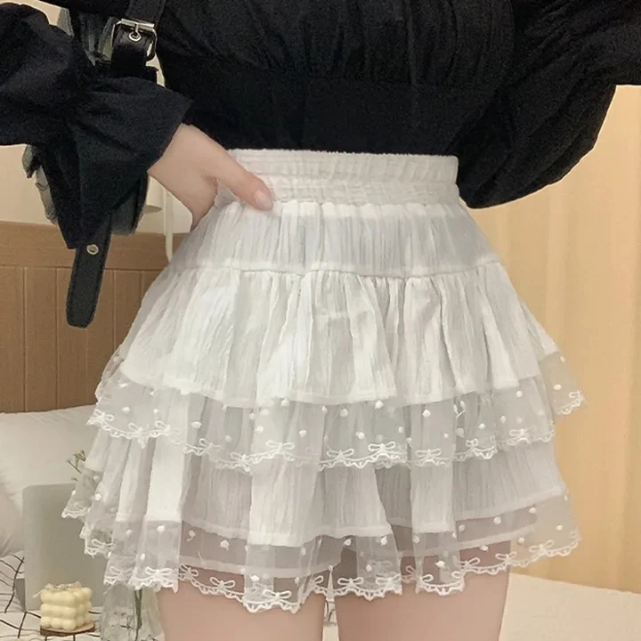Koreanische Sle Hohe Taille Puffy ort Rock frauen Sommer Faion Ballett Sle Spitze Trimmen Anti-Licht Kuchen Design f rock