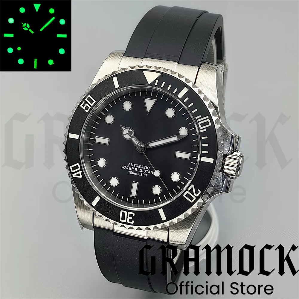 Gramock NH35 Black Dial 40mm Mechanical Dive Watch Men Waterproof Lume Sapphire No Date Window New Curved End Link Rubber Strap