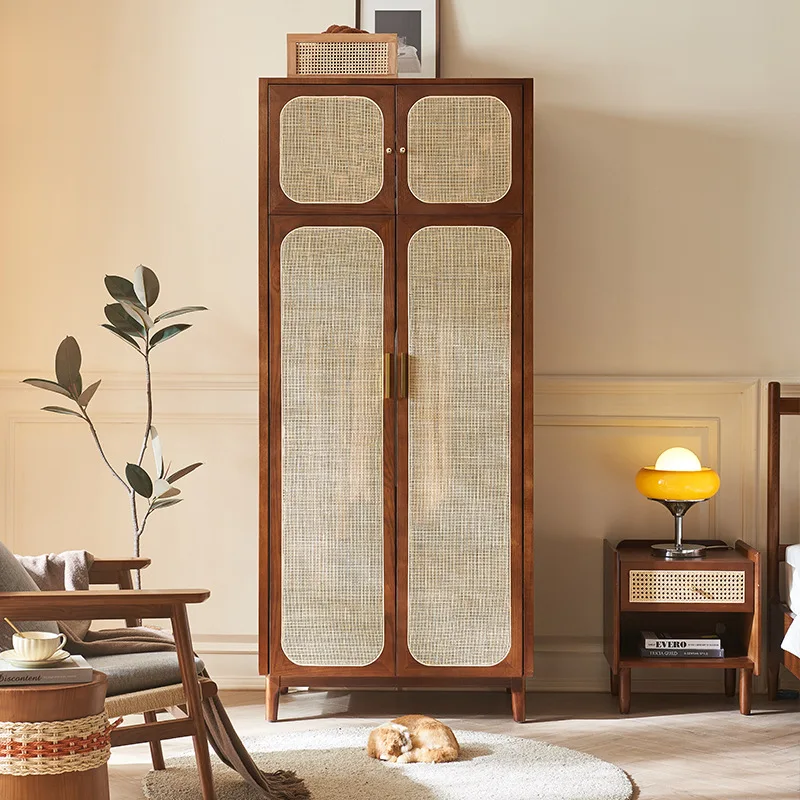 

Customizable Nordic solid wood wardrobe home retro bedroom storage locker modern simple small apartment rattan double door