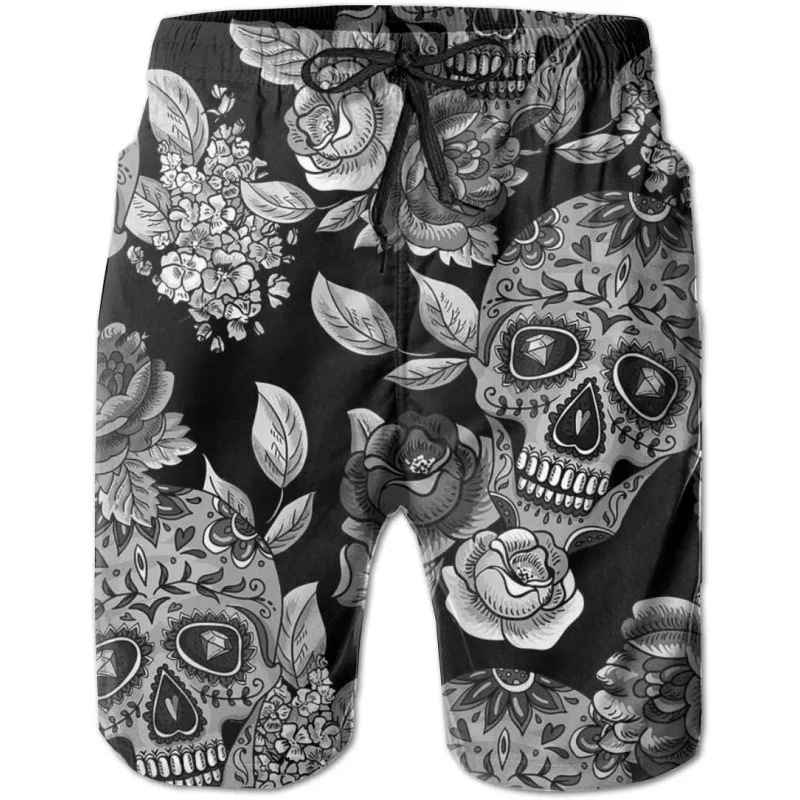 

Мужские шорты на Хэллоуин, монохромные мужские шорты для плавания с 3D принтом и цветком скелета, быстросохнущие пляжные гавайские шорты для взрослых