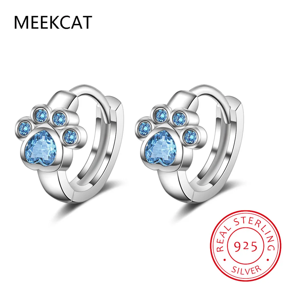 MEEKCAT Luxury Elegant Style Jewelry Blue Crystal 925 Sterling Silver Earrings For Women Cute Dog Paw Hoops Earrings FQL20011