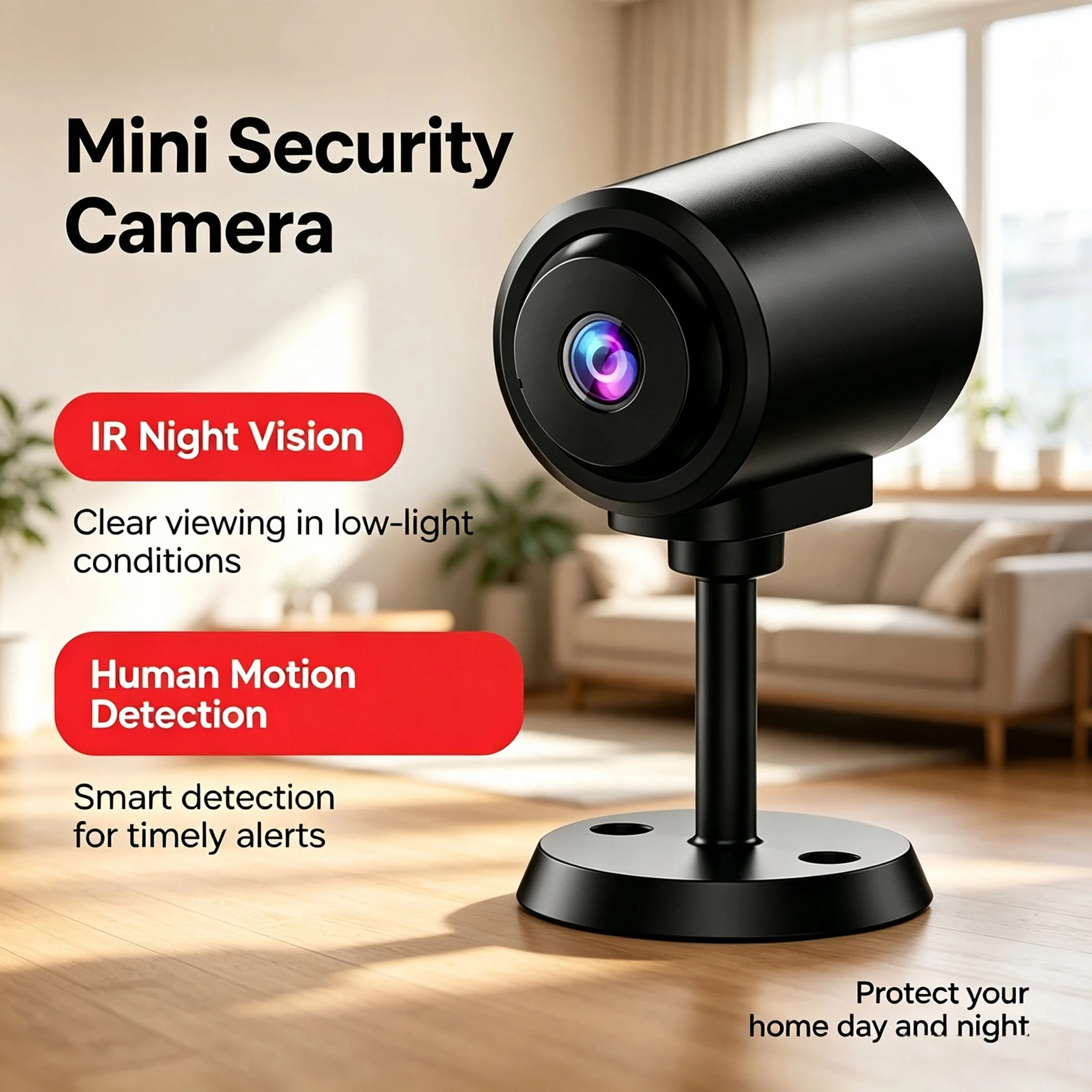 Mini Security Camera with IR Night Vision, Human Motion Detection, Indoor Home Surveillance Camera for 24/7 Home Protection