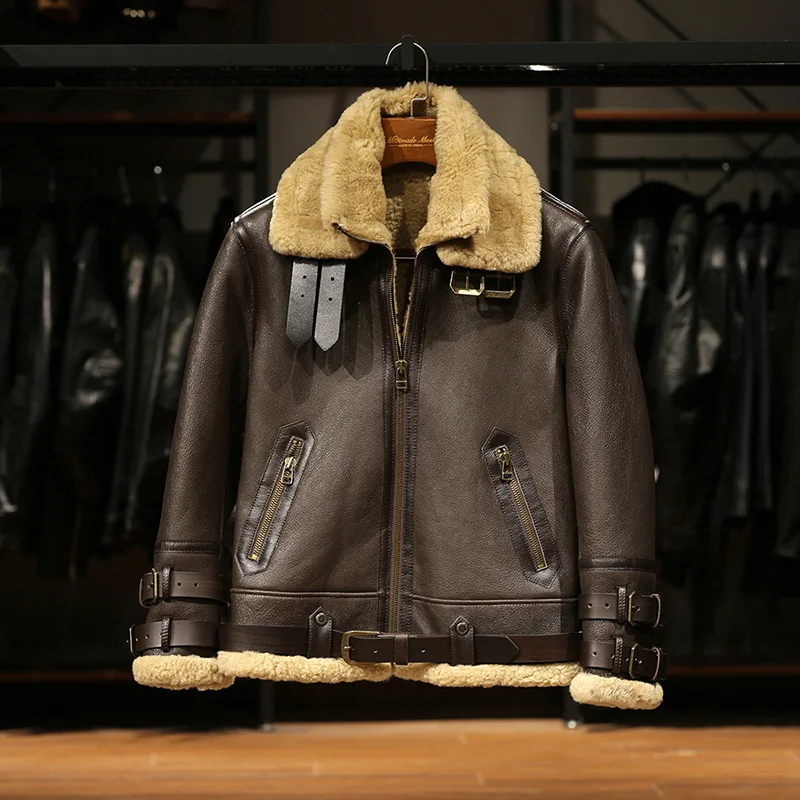 

Winter B3 Shearling Warm Smart Casual Double Collar Bomber Vintage Aviator Men Brown Wool Genuine fur sheepskin leather Jackets