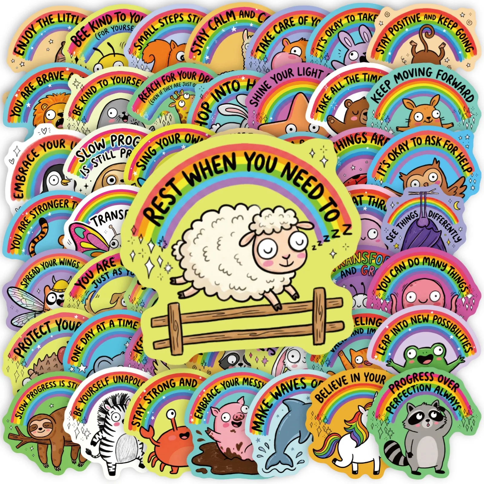 50-Pack Rainbow Animal Positive Motivational Quote Stickers Waterproof Decorative Decals for Notebook Guitar And Stationery