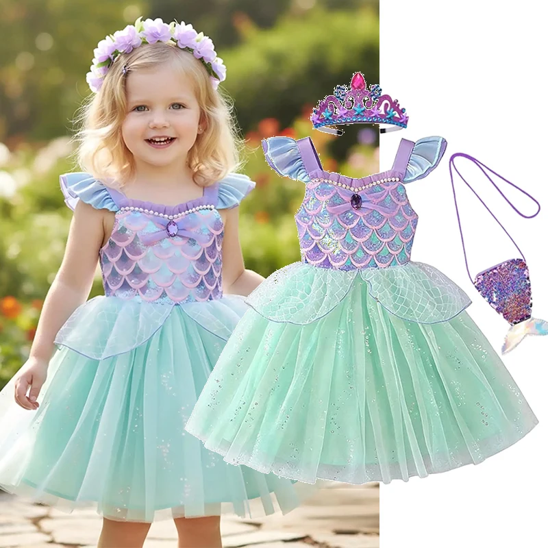 Girls Sequin Mermaid Themed Sling Mesh Dress Halloween Carnival Birthday Cosplay Princess Outfit