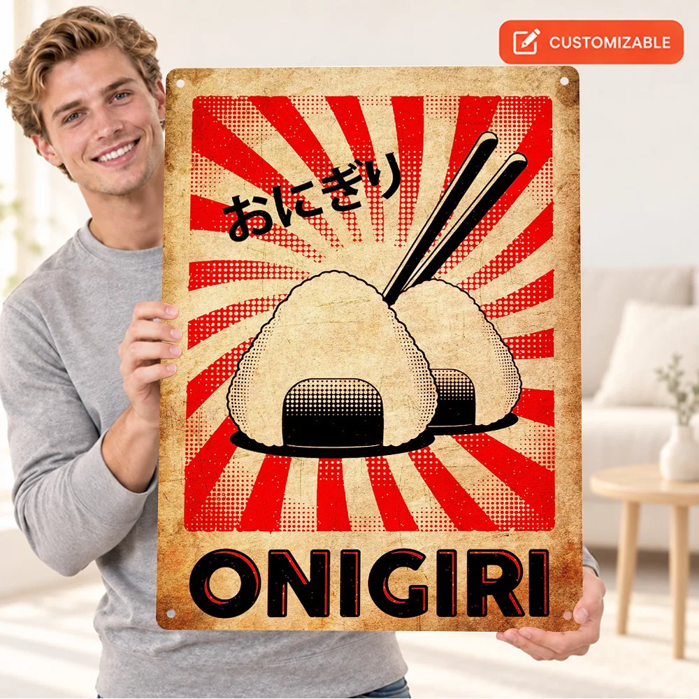 Onigiri Japanese Food Retro Textured Metal Poster Bold Design Creative Workspace Wall Art Customized Aluminum Sign Unique Gift
