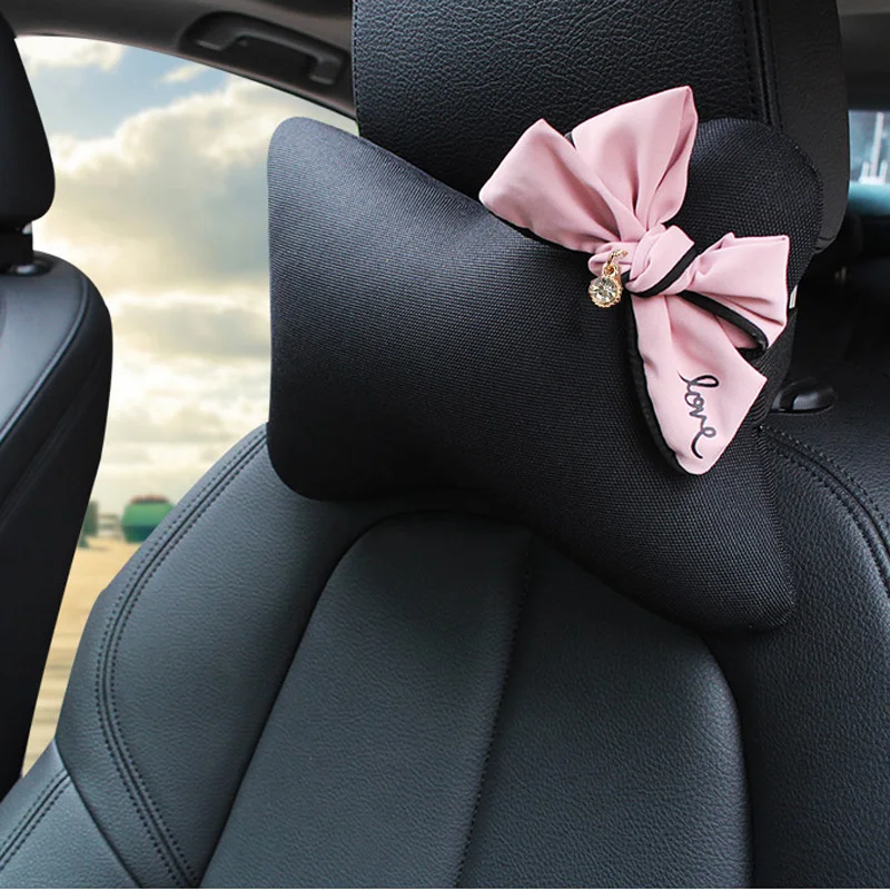 Cute Bowknot Universal Car Seat Headrest Neck Pillow Breathe Ice Silk Auto Waist Support Car Accessories Interior for Women