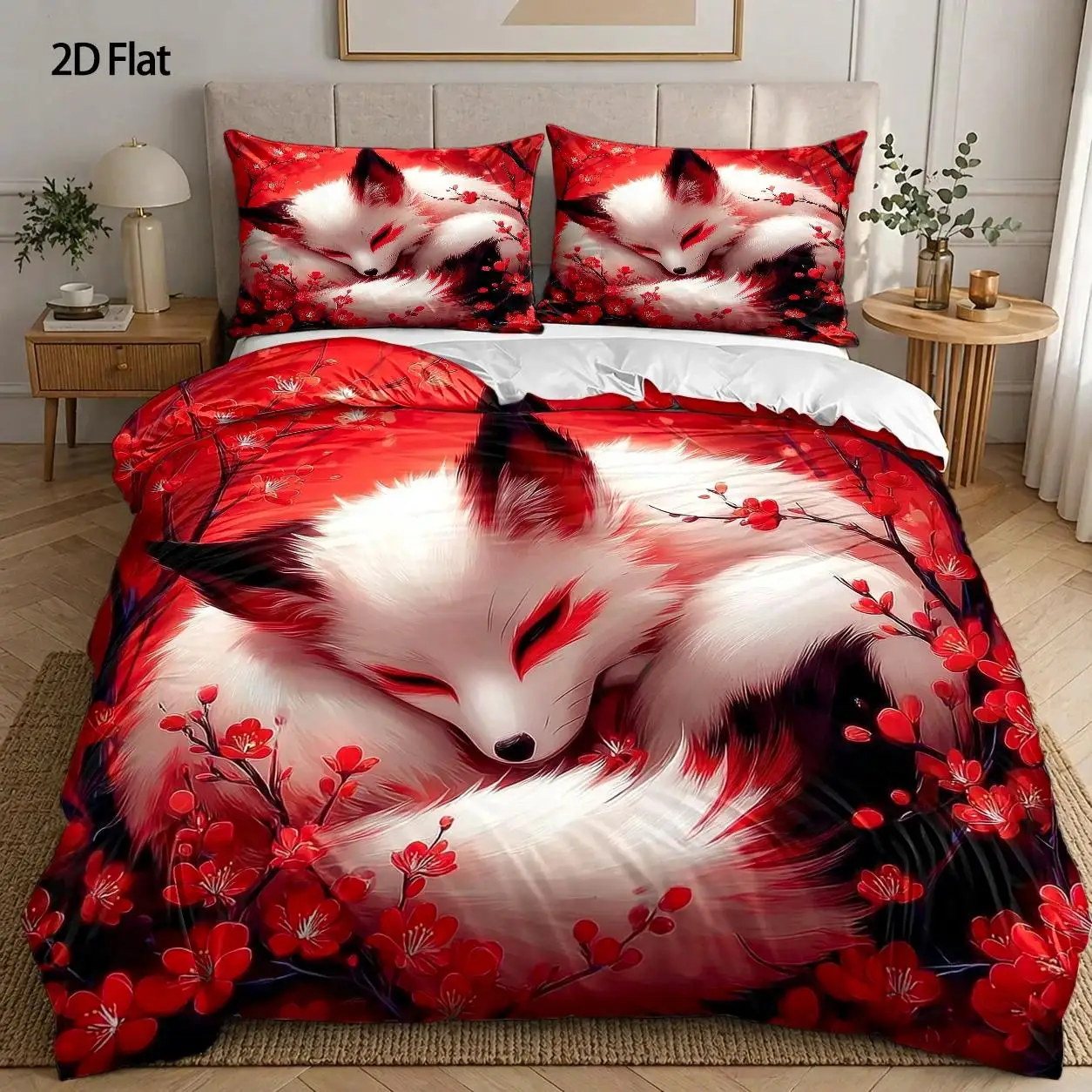 3-Piece Bedding Set Quilt Cover with 2 Pillowcases Red Fox Floral Oriental Art Style All Seasons Machine Washable