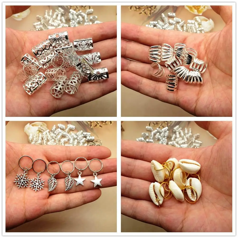 100Pcs Silver Star Leaf Shell Hair Ring Braid Dreadlocks Bead Hair Cuffs Dread Tube Charm Dreadlock Accessaries Extension