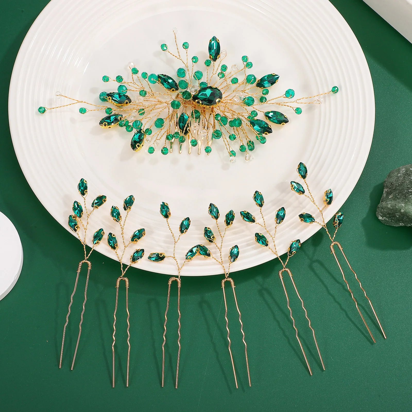 1 Set Green Rhinestone Combs Bridal Side Comb Decorative Pins For Wedding Bridesmaid Vintage Hair Accessories Women Fashion Hair