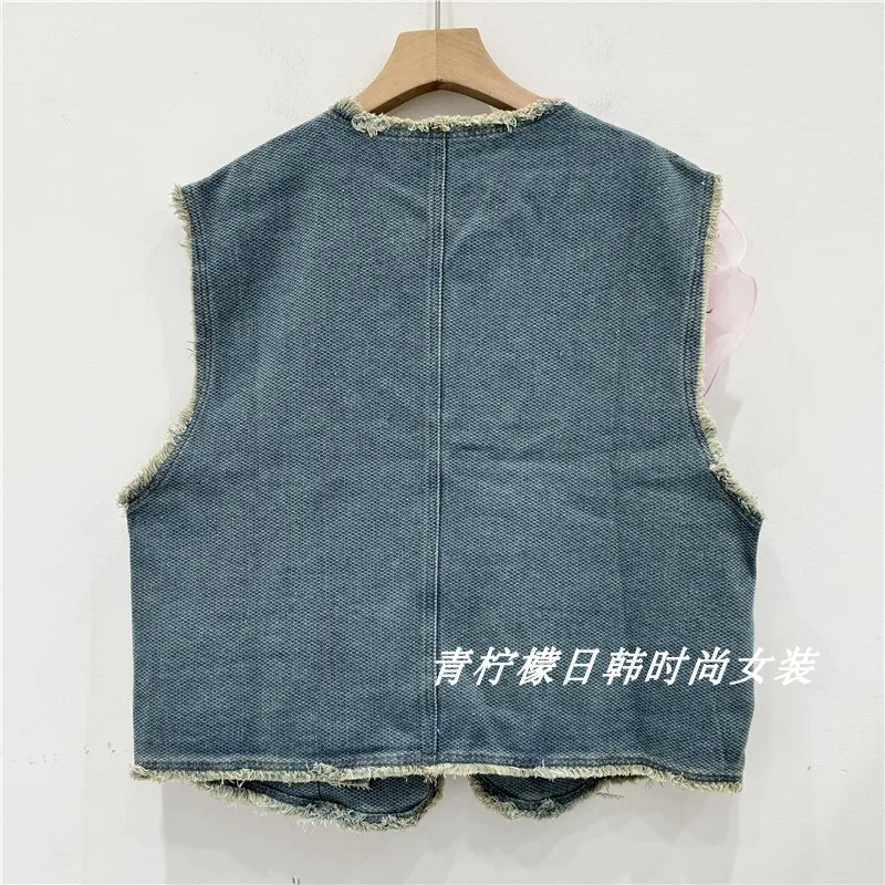 Pink Flower New2024 Retro Crew Neck Vest Chic Burr Colorful Crystals Design Sense Jacket Coat Sleeveless V-neck Denim Waistcoat