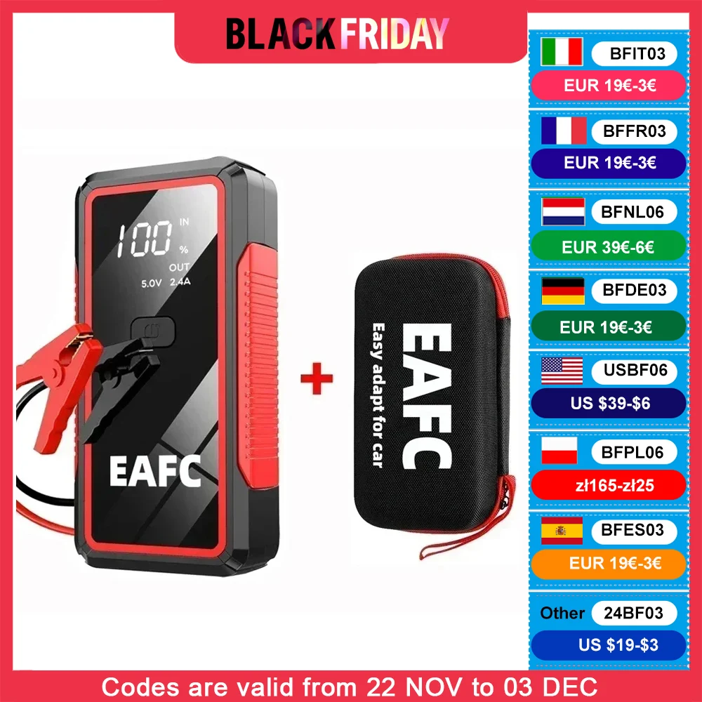 EAFC 12V Car Jump Start 600A-2000A Car Battery Starter Booster Auto Starting Device Emergency Start Portable Power Bank