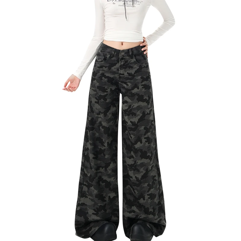 Amerykańskie spodnie robocze micro pull [kamuflaż] jesienno-zimowe, nowe, z wysokim stanem, luźne, z szerokimi nogawkami do ziemi dla kobiet.