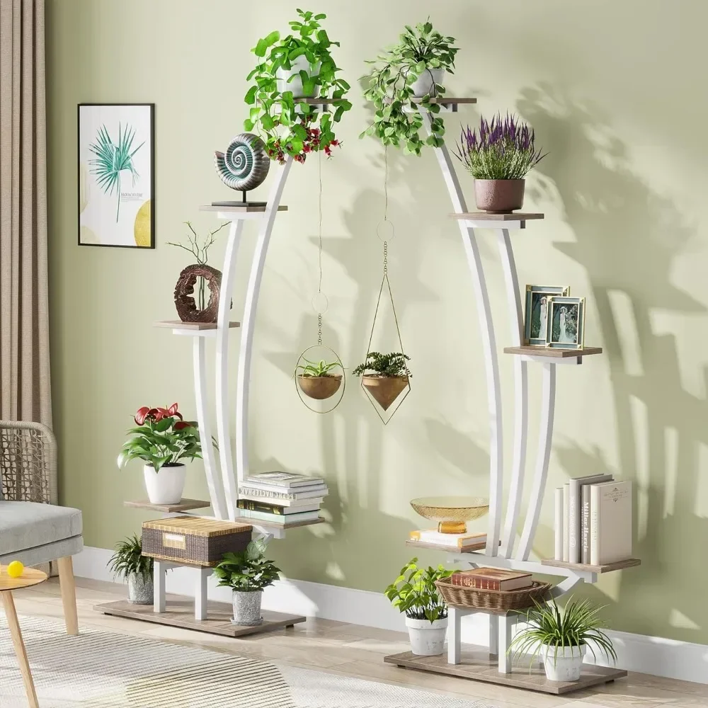 Plant Stand Pack Metal Curved Display Shelf with 2 Hanging Hooks, Multi-Purpose Bonsai Plant Rack White Plant Shelves