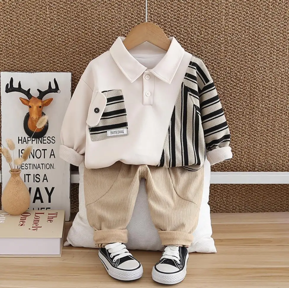 Ropa para niños pequeños, conjuntos para bebés de primavera y otoño, camisetas y pantalones con cuello vuelto y rayas verticales de retales, trajes para niños de 2 uds.