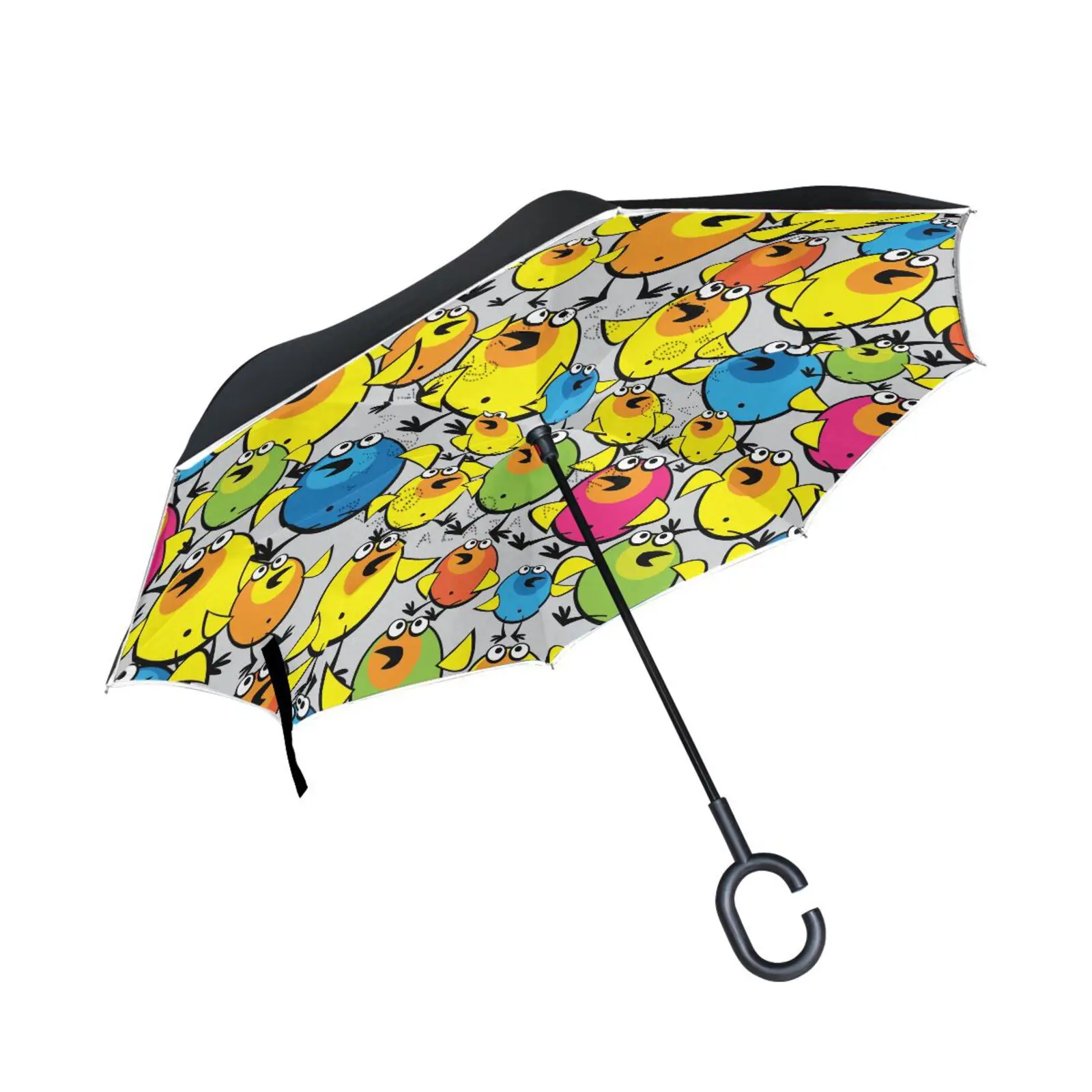 Cartoon Birds Print Car Reverse Umbrella With Reflective Strip Long Handle Double Layer Inverted Self Stand Umbrella Rain Women
