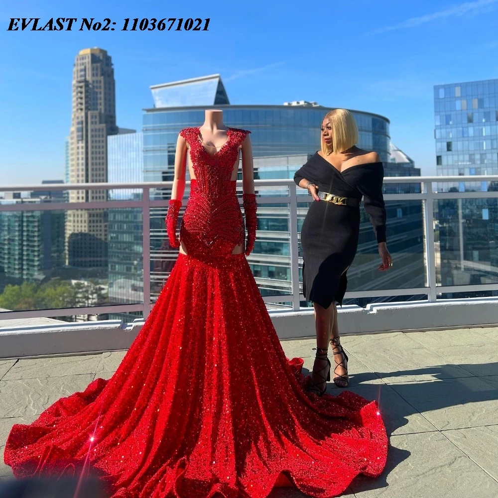 

EVLAST Customized Amazing Red Sequined Lace Prom Dress Beaded Rhinestones Birthday Dress Black Girls Mermaid Party Gown E2P25