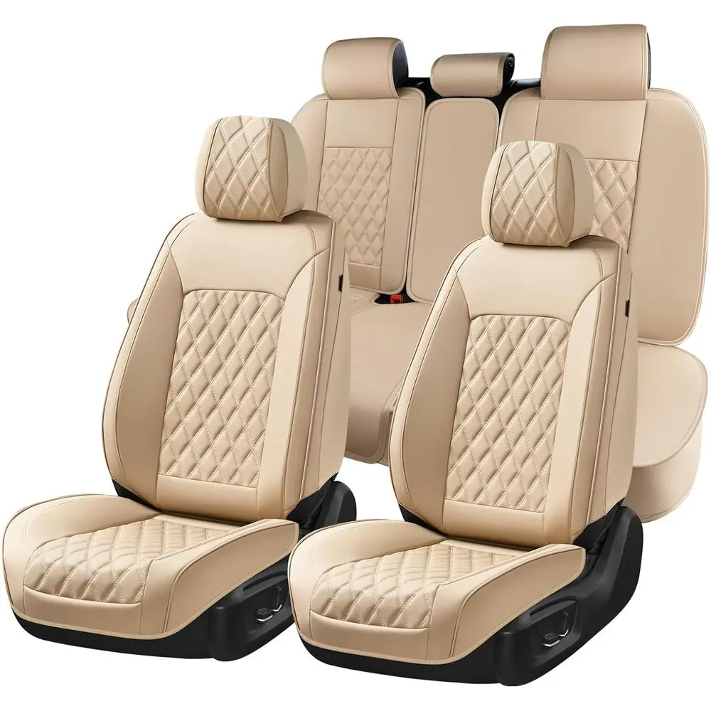 Beige Universal Front and Rear Split Bench Car Seat Covers, Leather Cushion Protectors for Most Cars, Trucks, SUVs (Full Set)
