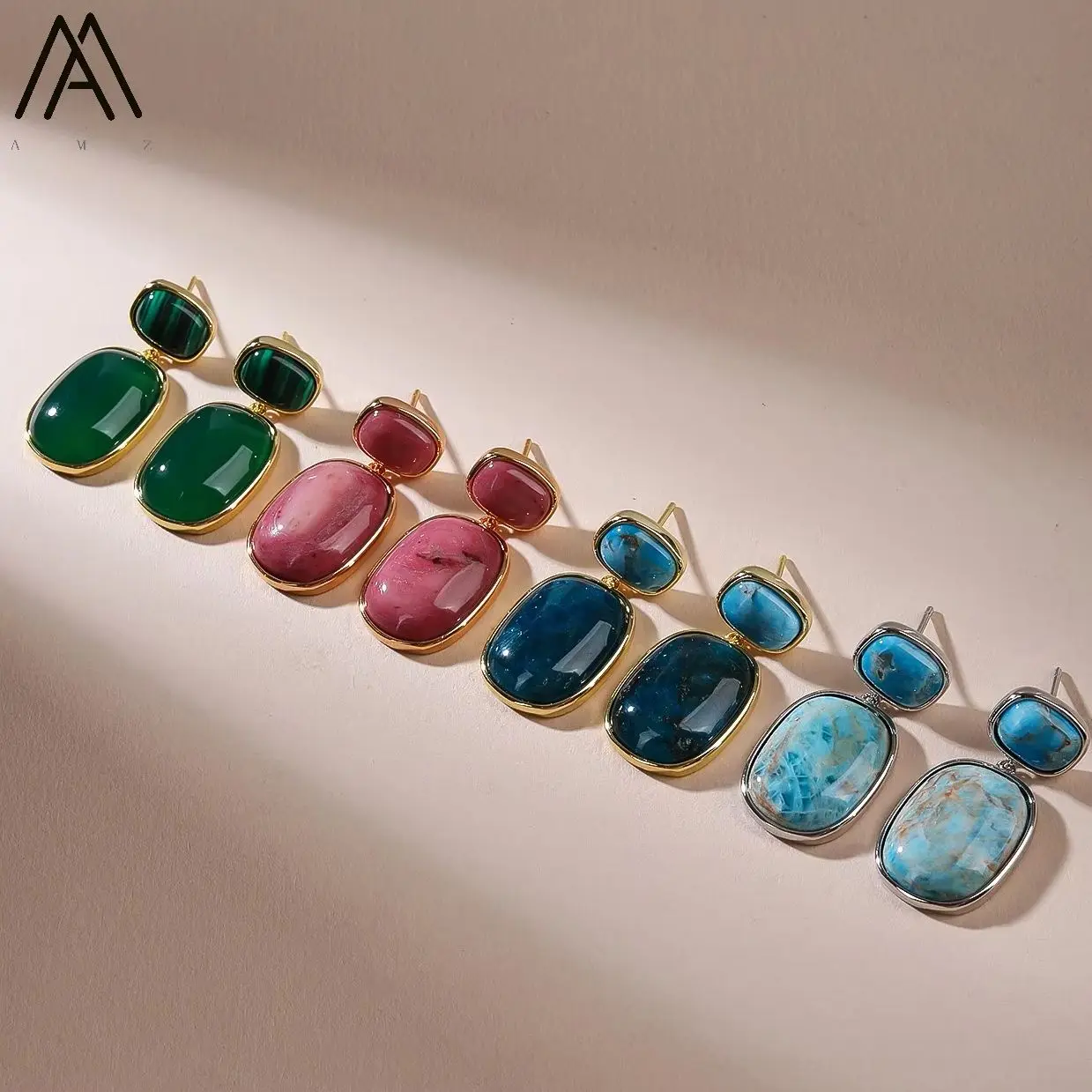 Green Agate Blue Apatite Earrings Natural Stone Drop Dangle Earrings for Women Fashion 18K Gold Plated Fashion Jewelry Gift