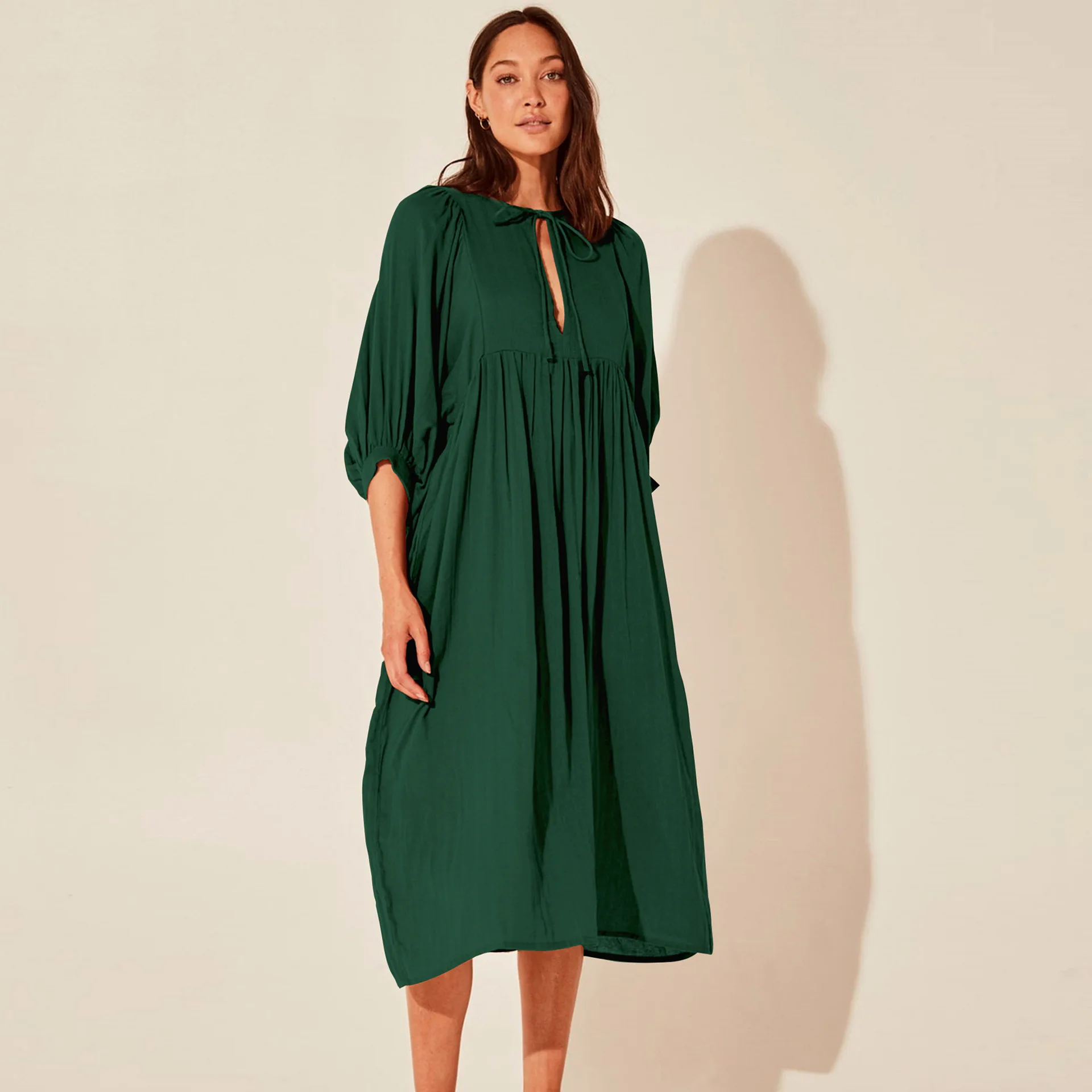 

Autumn New Loose Long-sleeved Lantern Sleeves Casual Retro Solid Color Long Dress