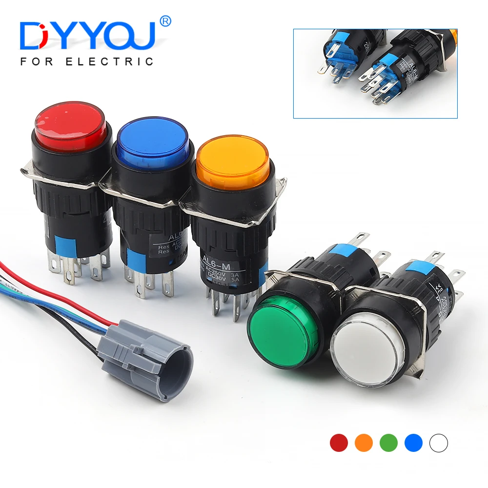 16mm 12/24/220V Momentary LED Illuminuted Maintained 5/8 Pin Round Push Button Switch Self-Locking Self-Reset Power Switches