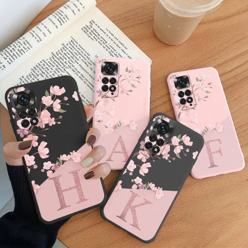 Letters Floral Case For Redmi Note 11 4G 11 Pro 11S Back Cover Pink Flowers Initial Bumper Soft TPU Funda For Redmi Note 11 4G