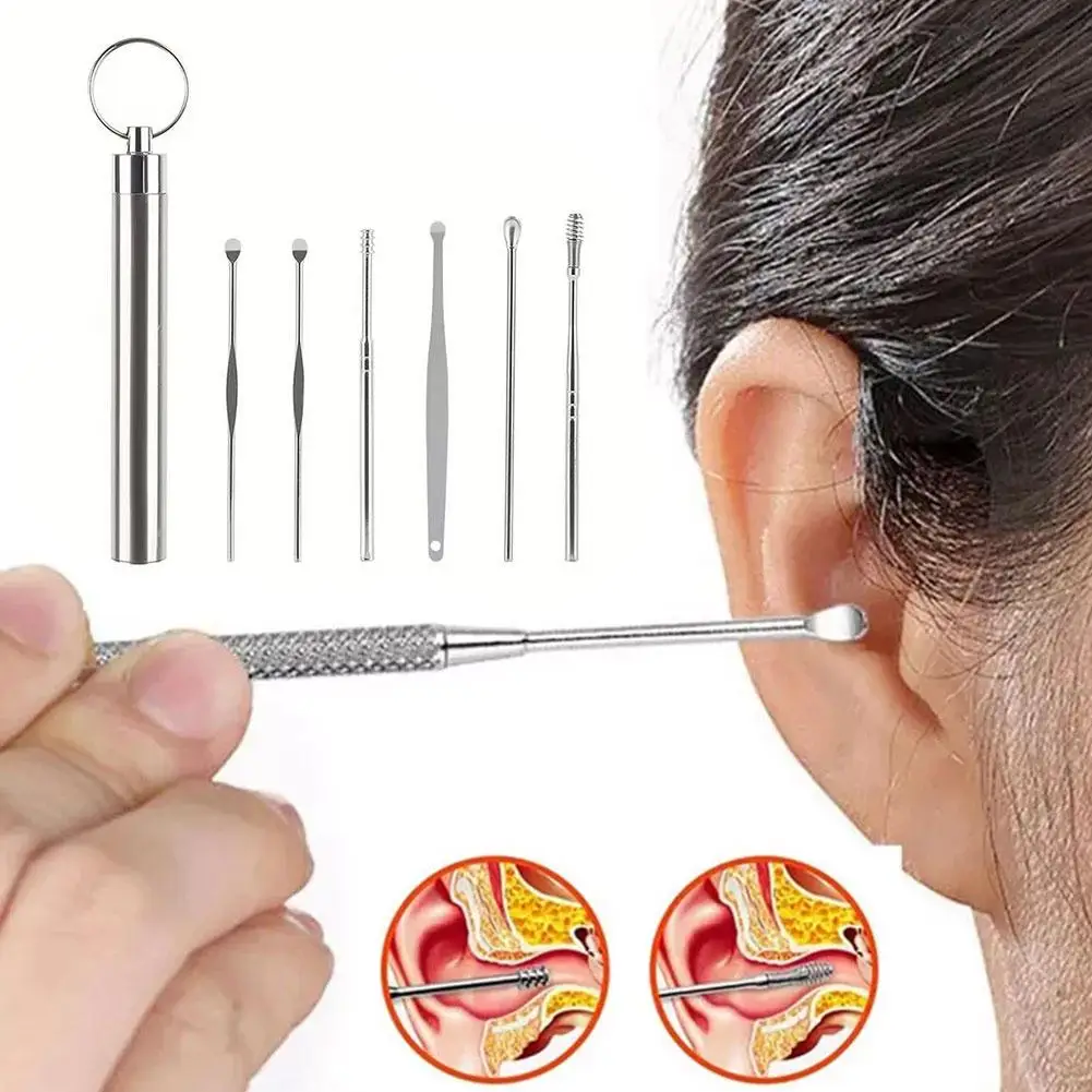 6-piece Set + Ear Brush Stainless Steel Earpick Set, Ear Cleaning Tool, Portable Set Ear Care Products