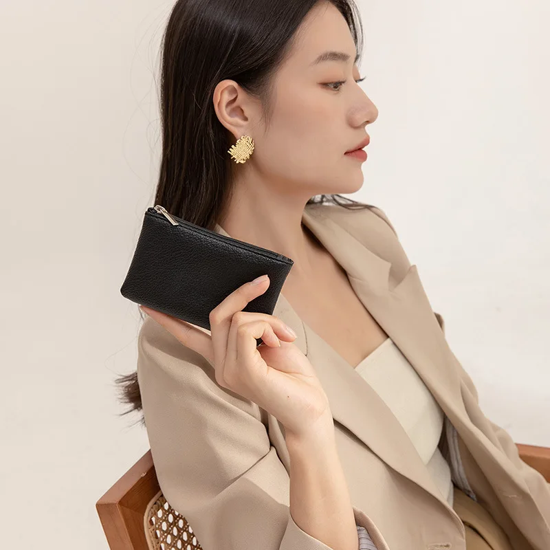 New women wallet lychee-pattern zipper purse ultra-thin short card holder coin key storage bag fashion PU small wallet for girl