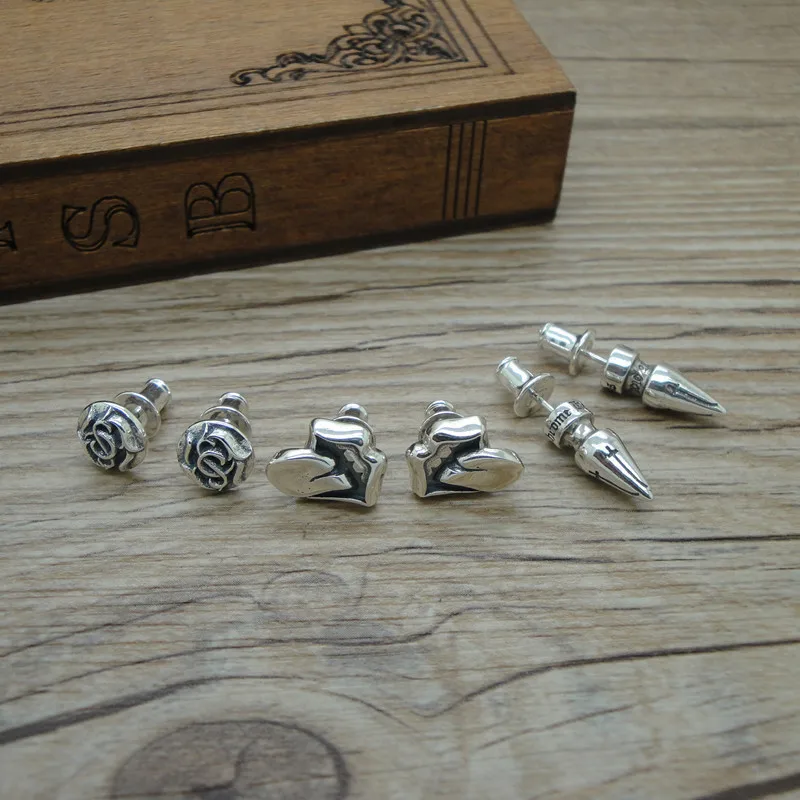S925 sterling silver rose stud earrings retro personality rivets bullet Lickitung stud earrings hip hop men and women earrings
