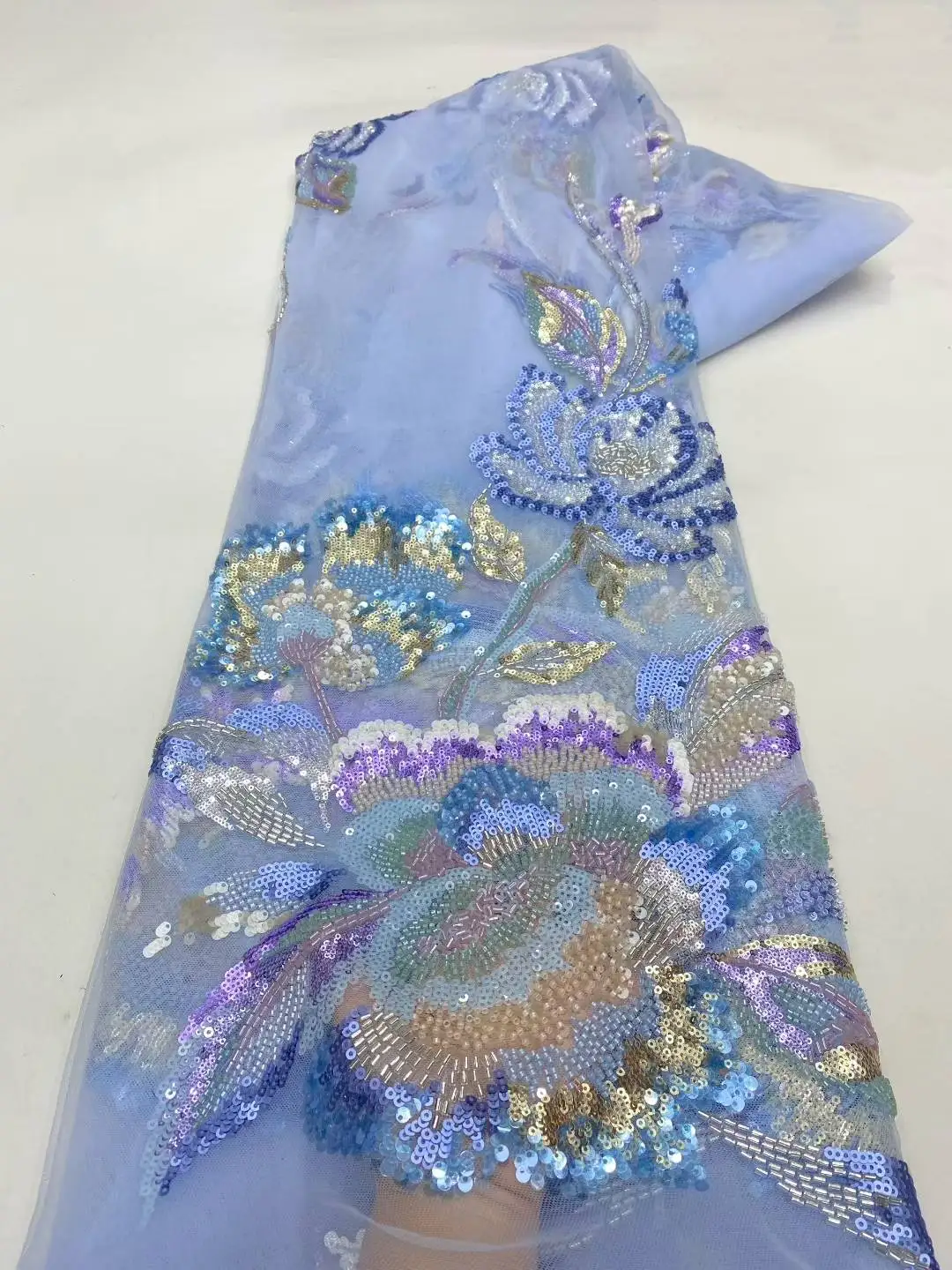 French Beaded Sequins Lace Fabric High Quality 5 Yard Mesh Tulle African Lace Fabric Nigerian Wedding Dress for Women-XZ