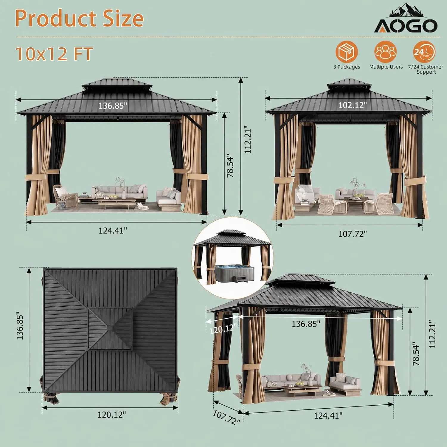 Gazebo Outdoor Gazebos, Hardtop Grill Gazebo Aluminum Galvanized Steel Double Roof Outdoor Gazebos, Pergola Include, Customized