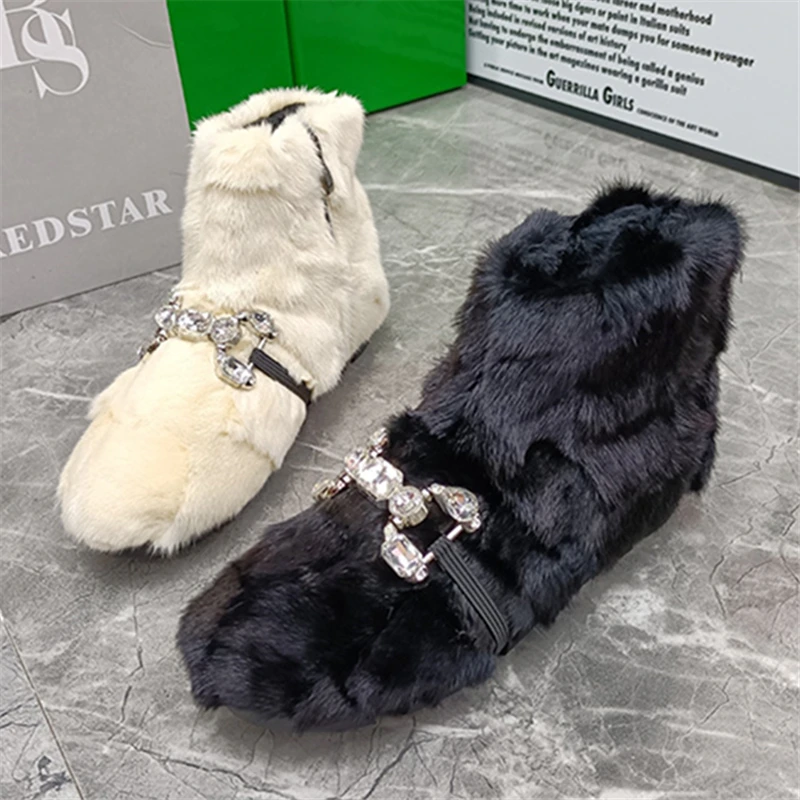 

Женские ботильоны на черном меху норки, зимние теплые зимние ботинки, обувь на платформе с толстой подошвой, нескользящая прогулочная обувь на плоской подошве, пушистые плюшевые криперы