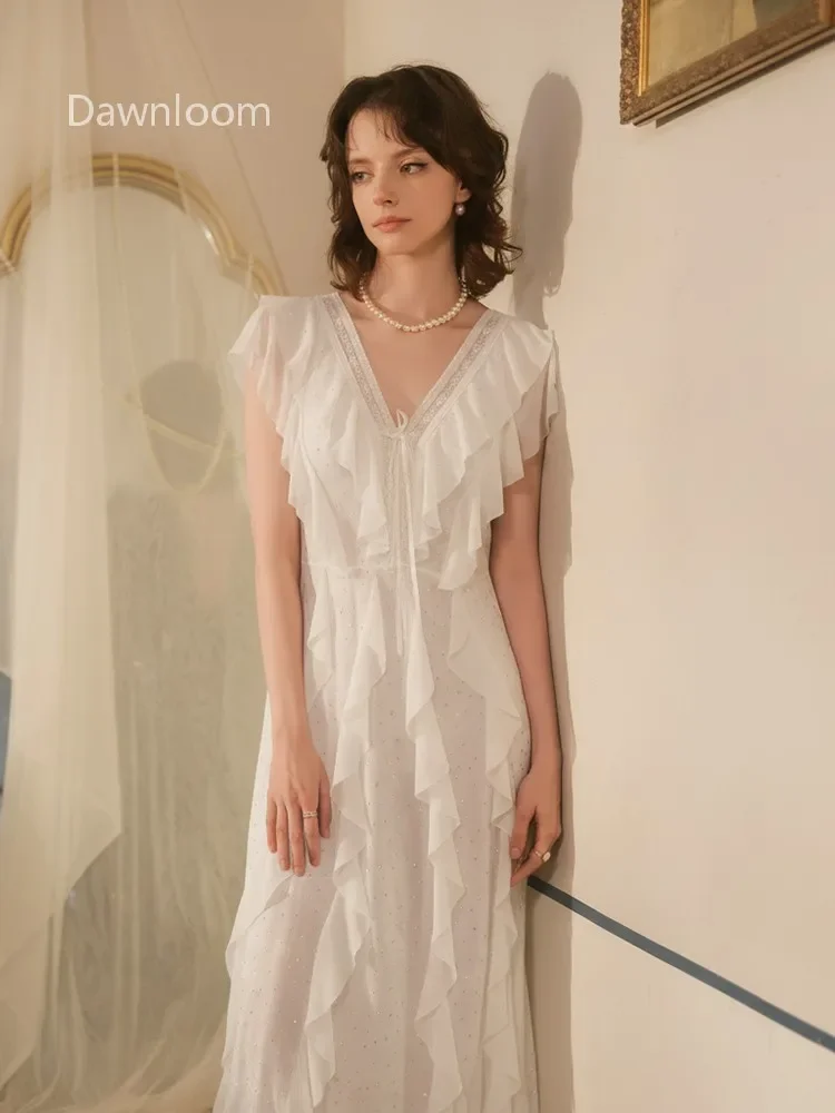 Dawnloom White Tulle Starlight Shimmer Backless Pearl-Embellished Ruffled Long Nightgown Luxury Elegant Romantic Home Loungewe