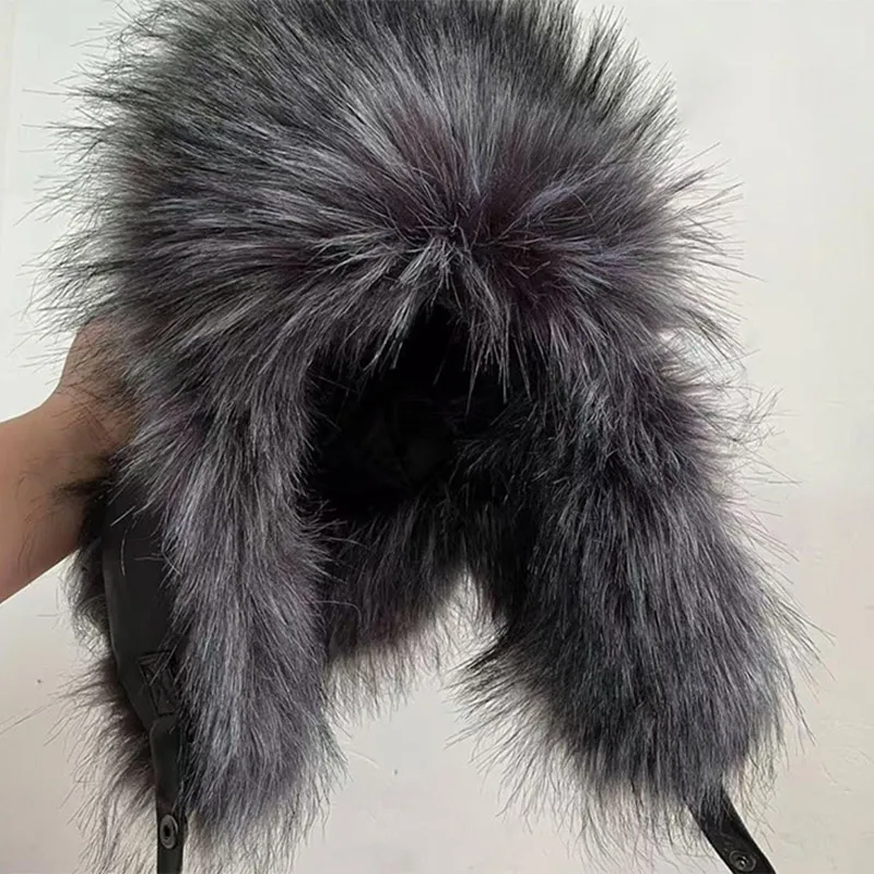 Fur Hat Women Black Fox Fur Ushanka Hats Winter Warm Ears Bomber Cap Thick Hat Windproof Ear Flaps Middle Aged Cold Weather image 6