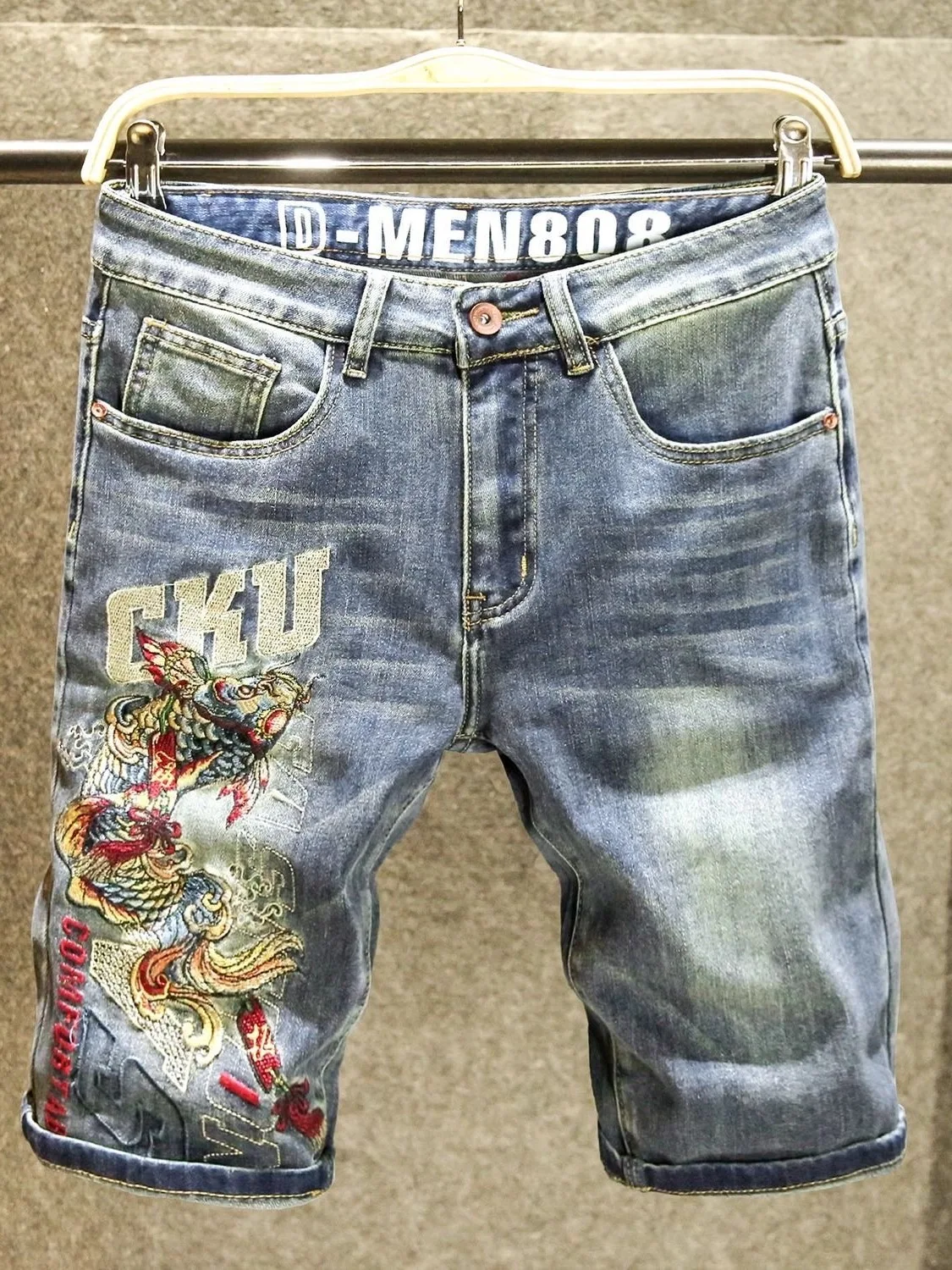 High-End Embroidered Slim Fit Men's Denim Shorts Elastic Mid-Waist Summer Thin Five-Point Retro Style Casual Wear Resistant
