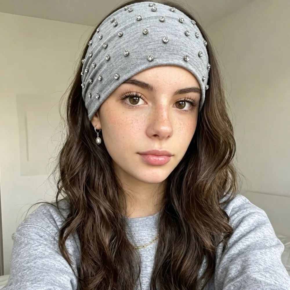 Rhinestone Studded Headband Wide Sweat-absorbent Punk Rivet Hair Bands Soft Elastic Anti-slip Sports Headband Hair Accessories