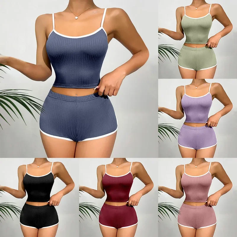 

Women‘s Shorts Solid Pajamas of Two Pieces Thin Suspenders Casual Striped Nightwear Homewear Elastic Girls Slim Fit Loungewear