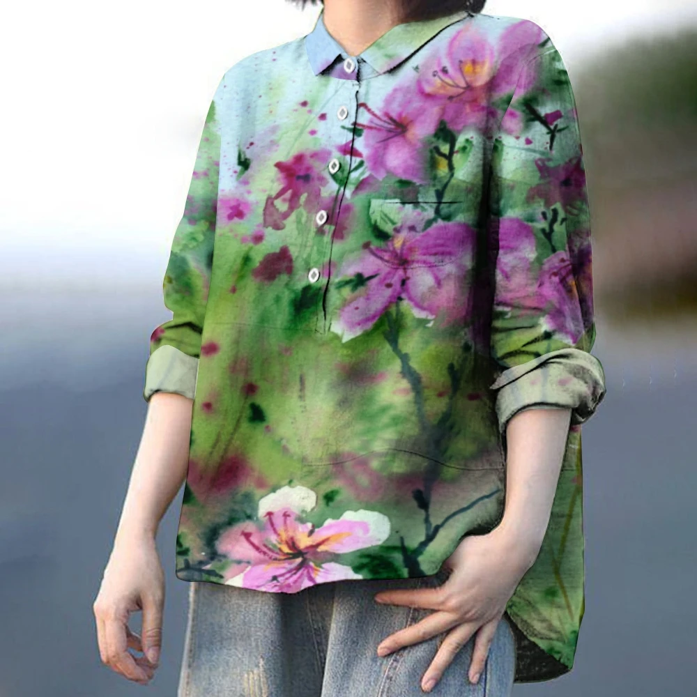 Folhas verdes flores roxas manchas impressão blusa lapela casual solto topo designer na moda nova manga longa chique wear blusa