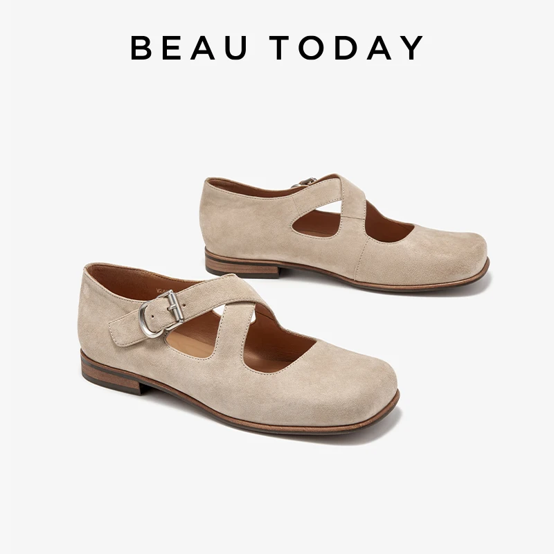 BEAUTODAY Mary Janes Women Sheep Suede Shallow Casual Flats Cross-Tie 2024 Spring Summer Ladies Shoes Handmade 28353