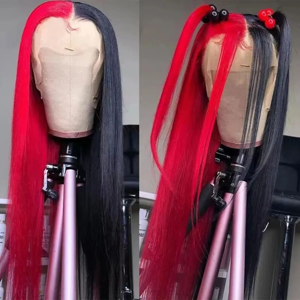 WIF Long Straight Black Red Synthetic Lace Front Wig Women Cosplay Half-Black Half-Red Hair High Temperature Fiber Makeup Wigs