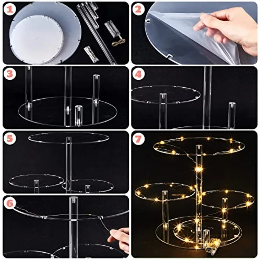 2 Pcs 4 Tier Acrylic Cupcake Tower Stand Clear Round Cake Stand with 2 Pcs LED String Light Cupcake Holder Dessert Pastry Displ