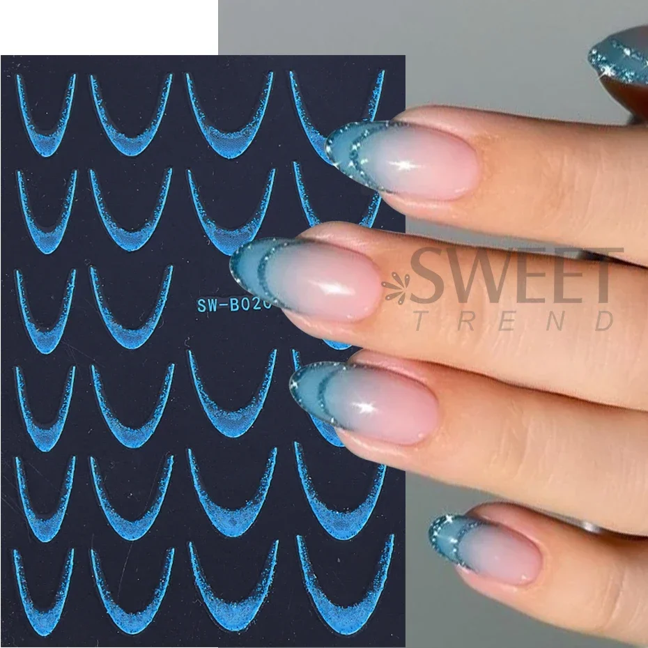 Glitter Gradient French Line สติ๊กเกอร์เล็บ 3D Self-Adhesive Decals ออกแบบเล็บเคล็ดลับคู่มือสําหรับ DIY ตกแต่งเล็บเครื่องมือ