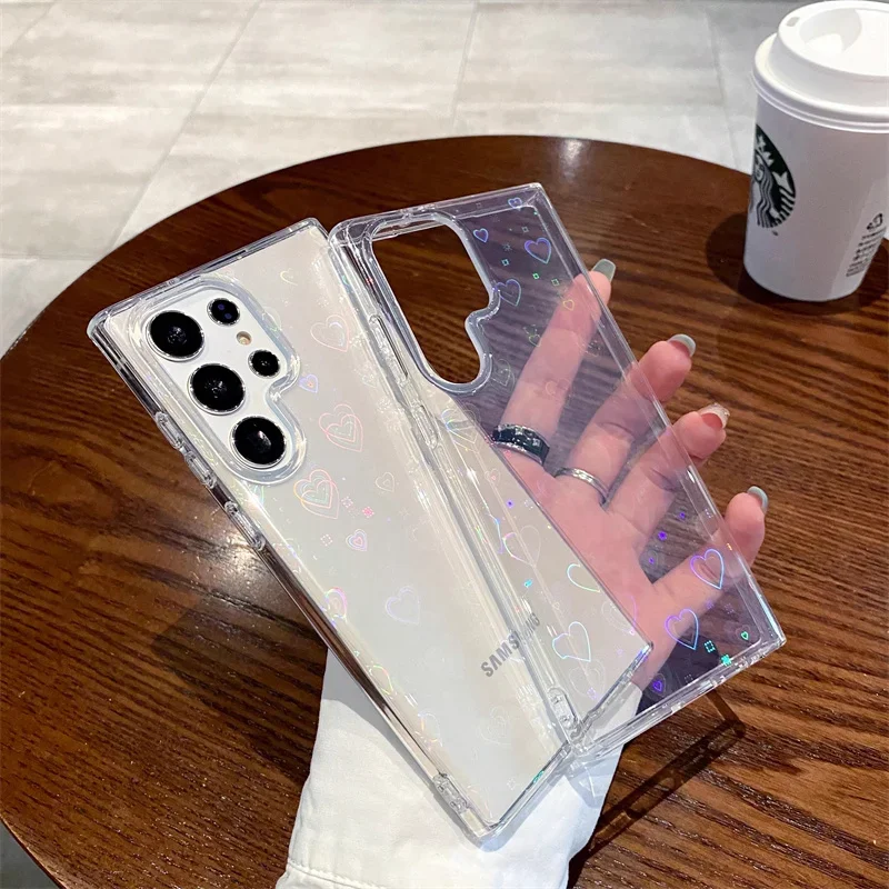 Laser heart transparent phone case for Samsung Galaxy S25 S24 S23 S22 S21 Plus Ultra S24 FE S23 FE S21 FE anti fall cover bumper