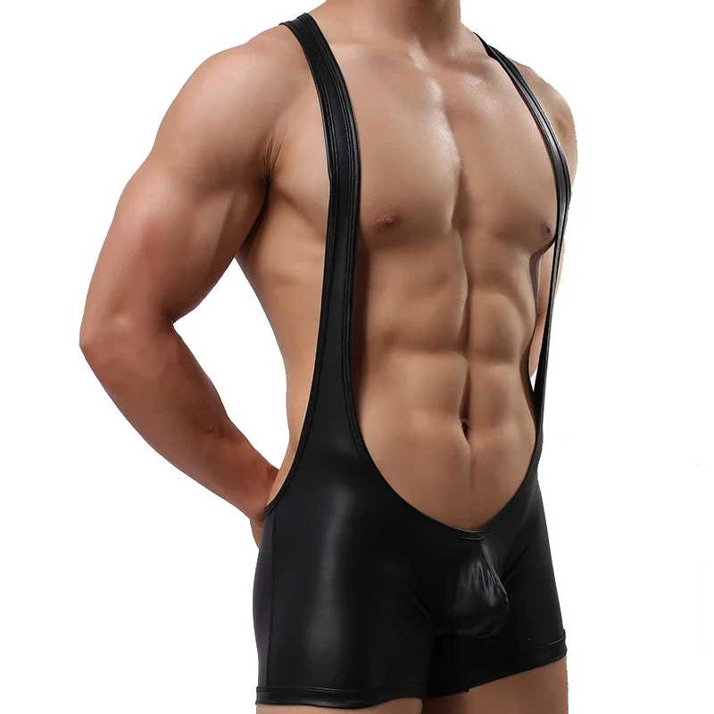 Men's Underwear Bodysuit One Piece Faux Leather Wrestling Singlet Straps Boxers Undershirt Tank