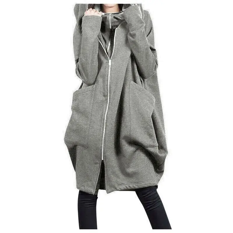 Hoodies women 2026 casual hooded pocket Zipper fake two pieces solid color loose long coats for women's clothing