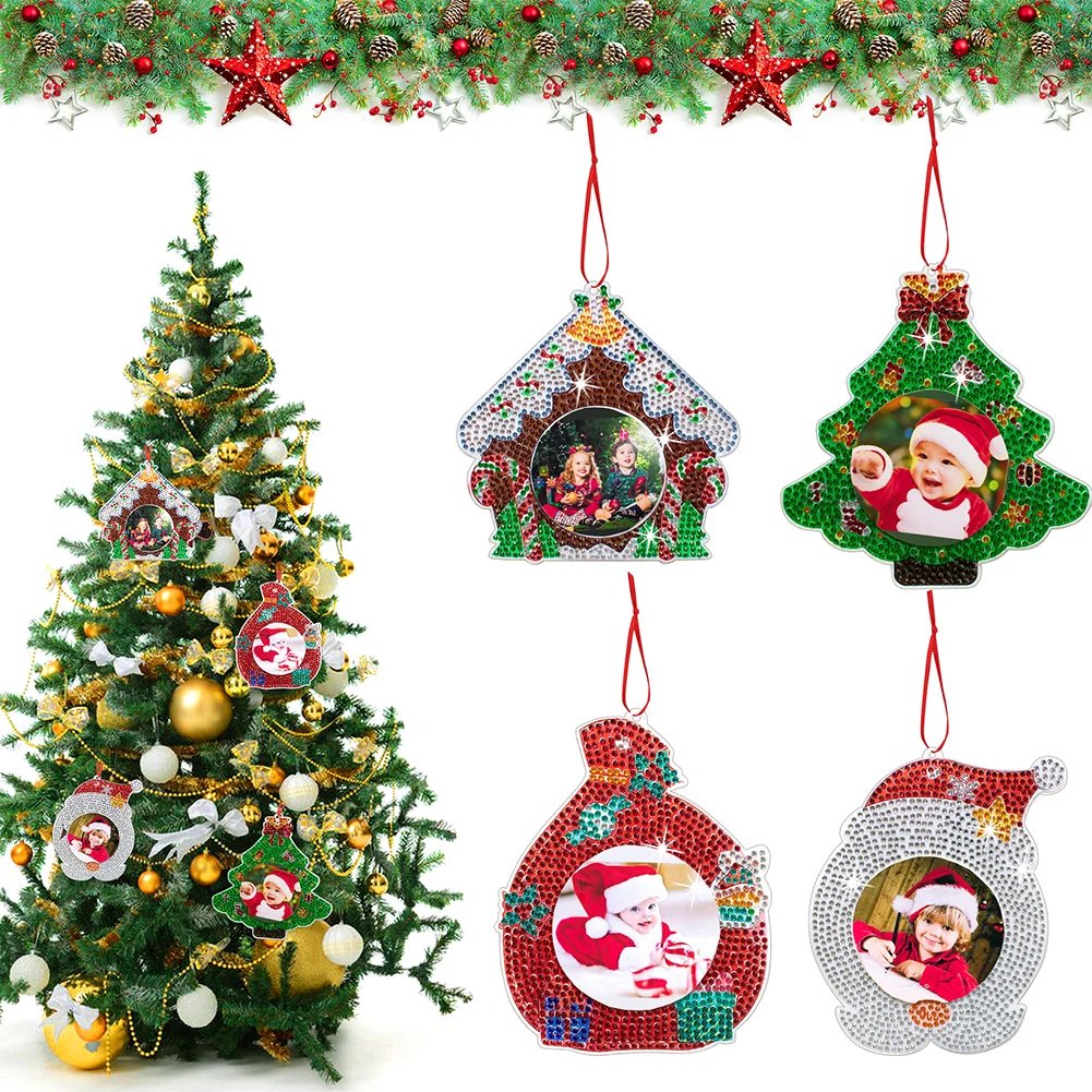 4PCS Photo Frame Xmas Tree Christmas DIY Picture Frame Ornaments Diamond Painting Photo Frame Hanging Christmas Tree Decoration