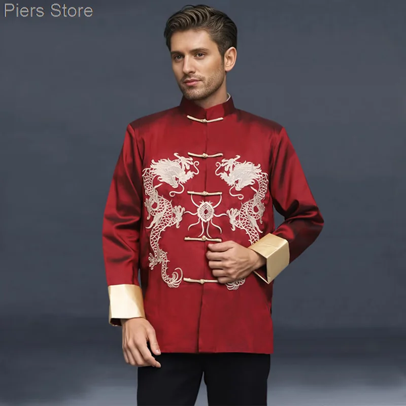 

Traditional Chinese Style Embroidery Dragon Hanfu Blouse Tang Suit Men Kung Fu T Shirts Tops Jackets Cheongsam New Year Coats
