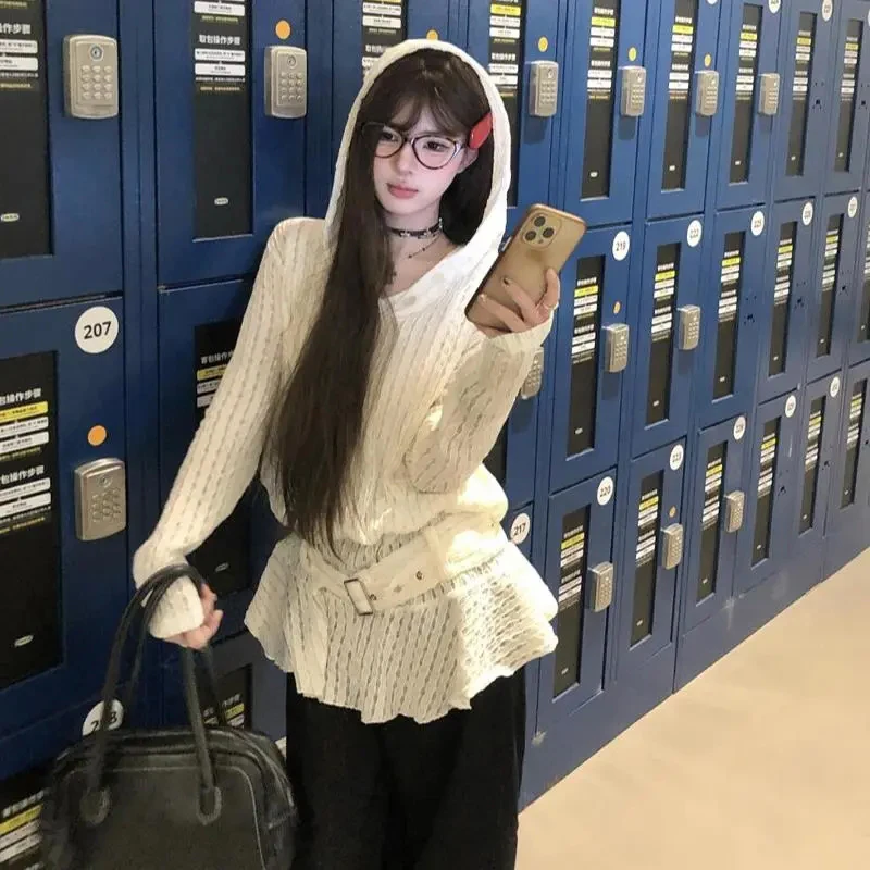 Sweat-shirt à volants ajourés pour femmes, blanc, Simple, manches longues, ceinture, Streetwear, Harajuku, Hottie, mode, tous assortis, nouveaux hauts