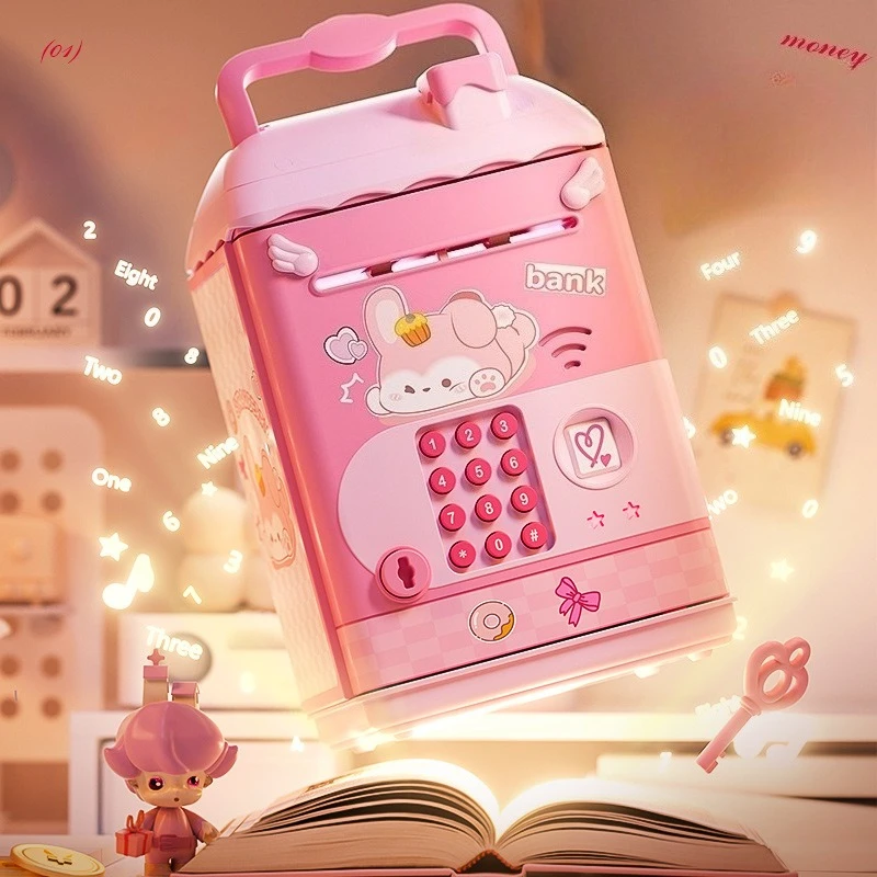 Kawaii Multifunctional Fingerprint Password Lock Intelligent Fully Automatic Coin Rolling Mechanism Suitable Piggy Bank for Kid