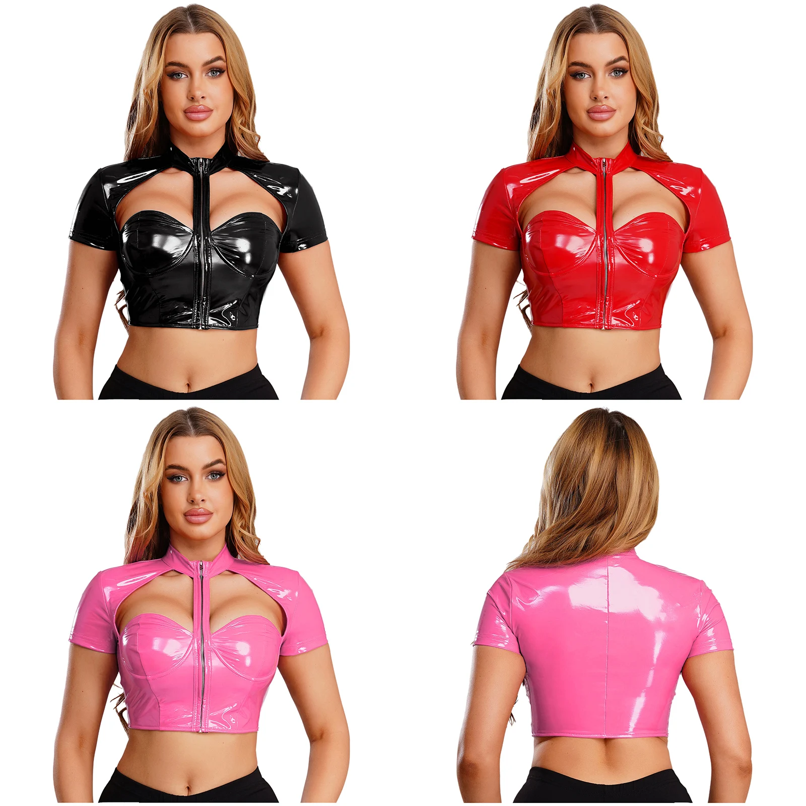 

Womens Glossy Patent Leather Latex Cropped Tops Rave Outfit Clubwear Push-up Underwire Cutout Corset Waistcoat Slim Fit Camisole